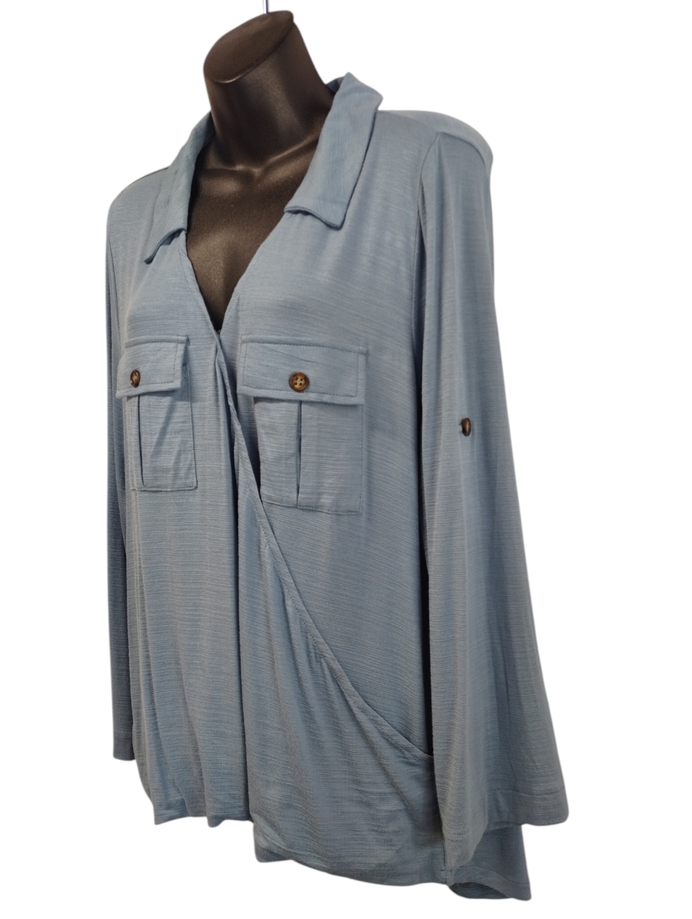 Lara Fashion 1XL Blue Wrap Front Long Sleeve Collared Shirt Blouse Dual Pockets - Picture 3 of 8